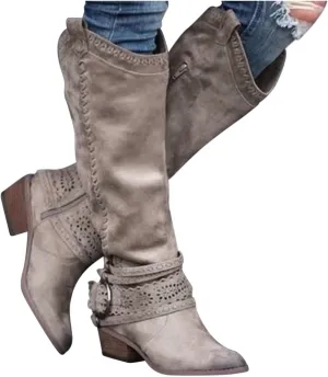Gibobby Boots for Womens Mid Knee High Boots Chunky Heel Wide Calf Side Zipper Fashion Winter Shoes Cowboy Booties