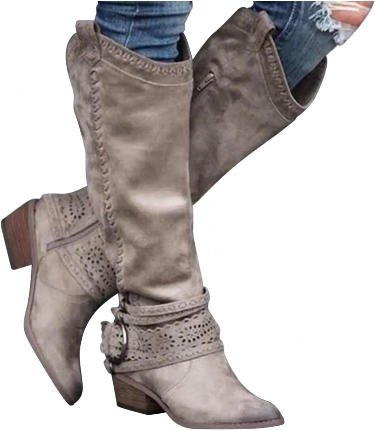Gibobby Boots for Womens Mid Knee High Boots Chunky Heel Wide Calf Side Zipper Fashion Winter Shoes Cowboy Booties
