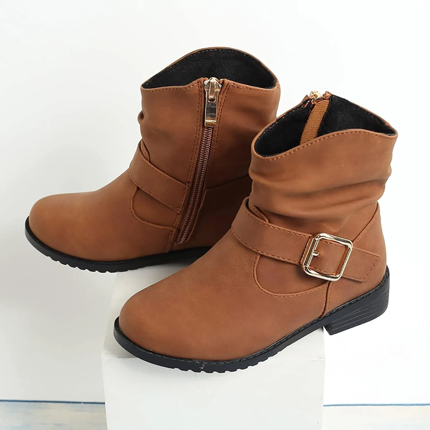 Girls Buckle Decor Boots Western Boots Kids Ankle Boots Girls Low Heel Riding Booties High Boots