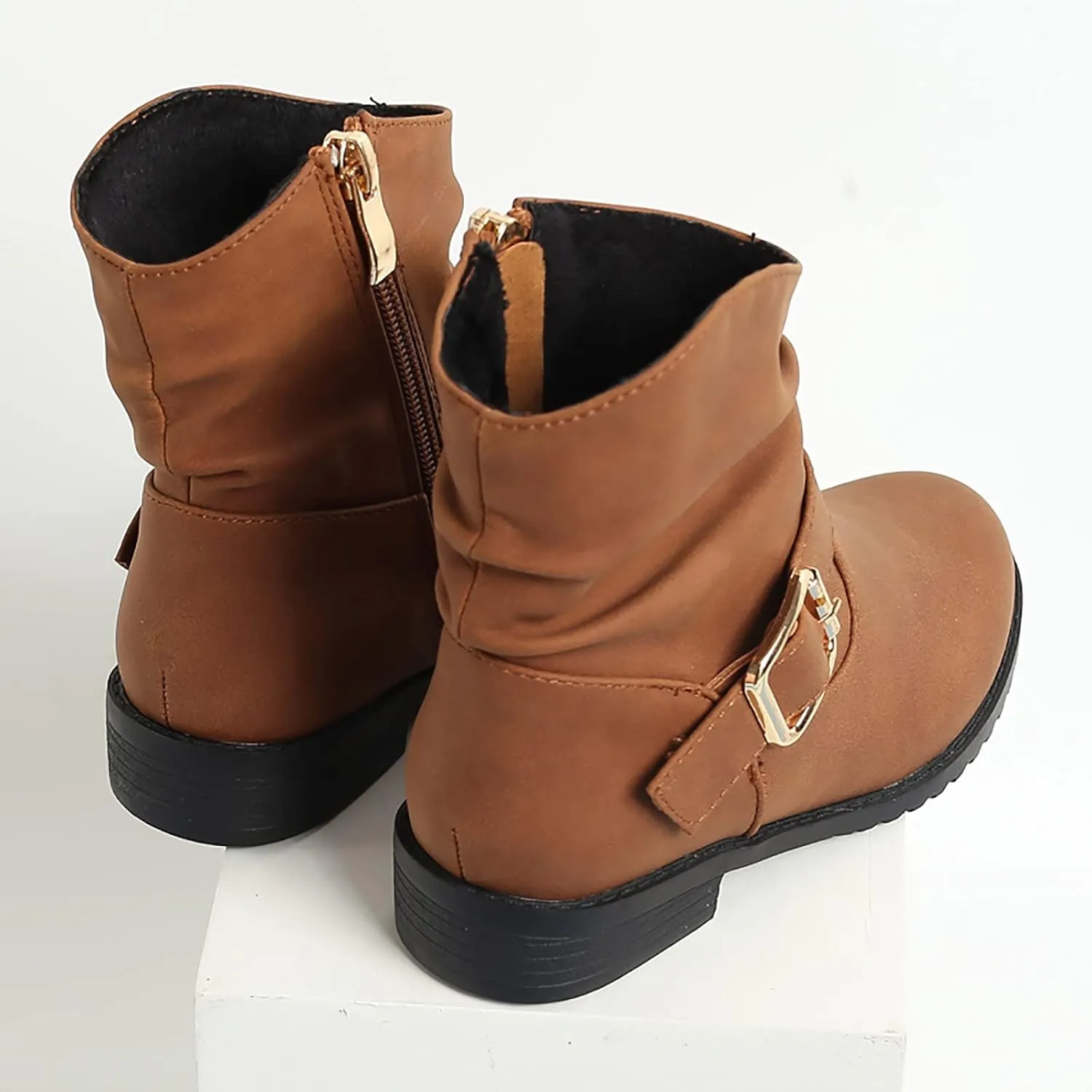Girls Buckle Decor Boots Western Boots Kids Ankle Boots Girls Low Heel Riding Booties High Boots