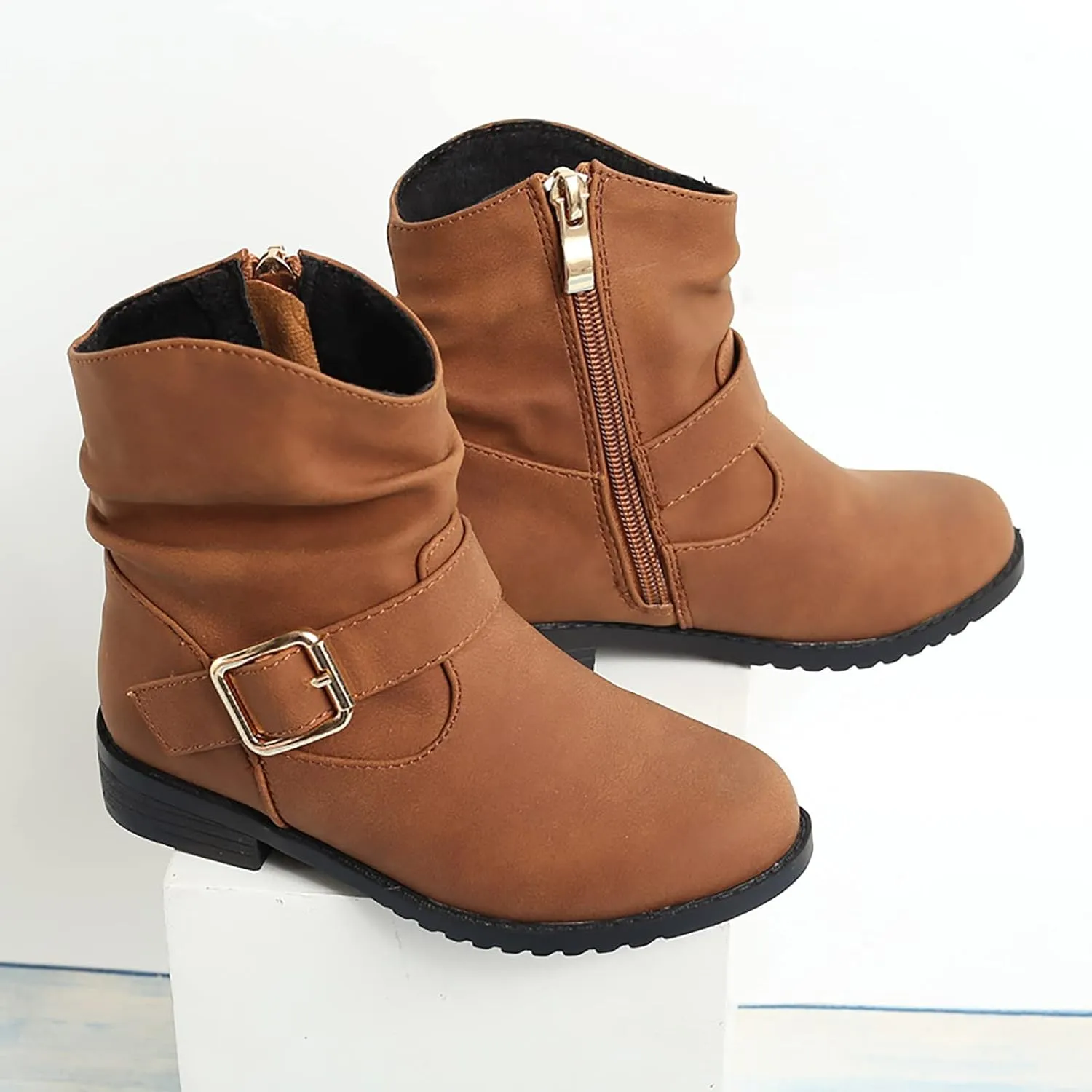 Girls Buckle Decor Boots Western Boots Kids Ankle Boots Girls Low Heel Riding Booties High Boots