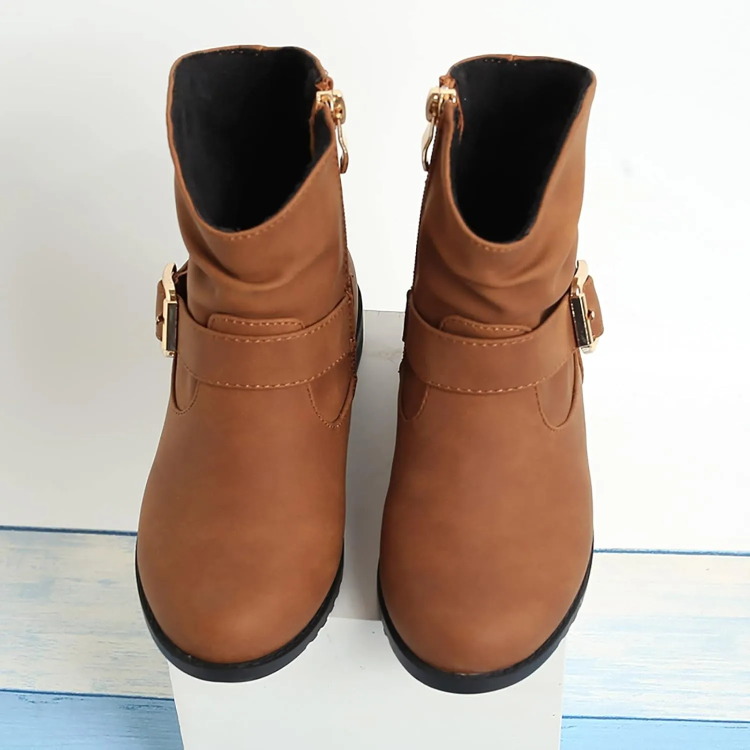 Girls Buckle Decor Boots Western Boots Kids Ankle Boots Girls Low Heel Riding Booties High Boots