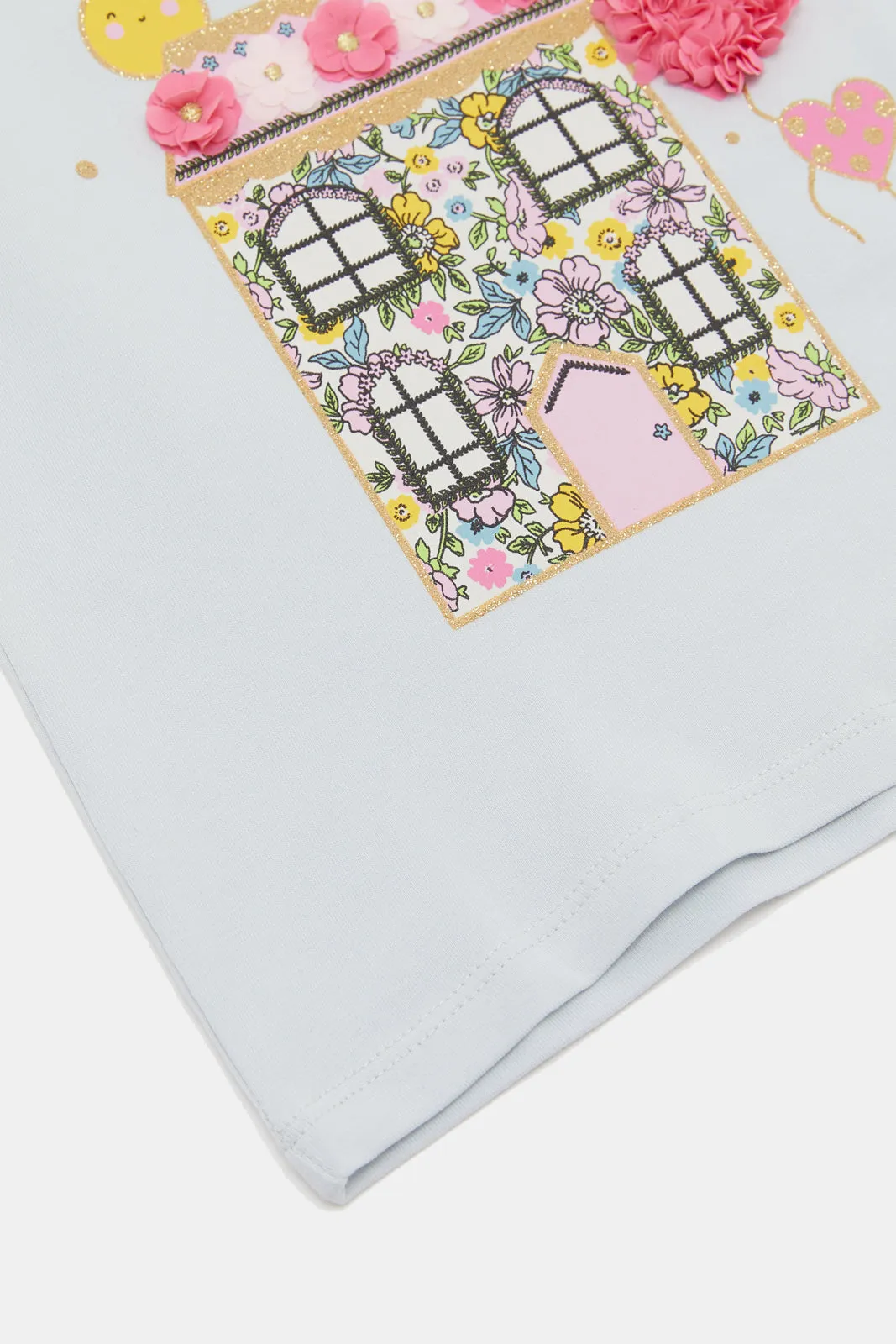 Infant Girls Blue Puff Sleeves T Shirt