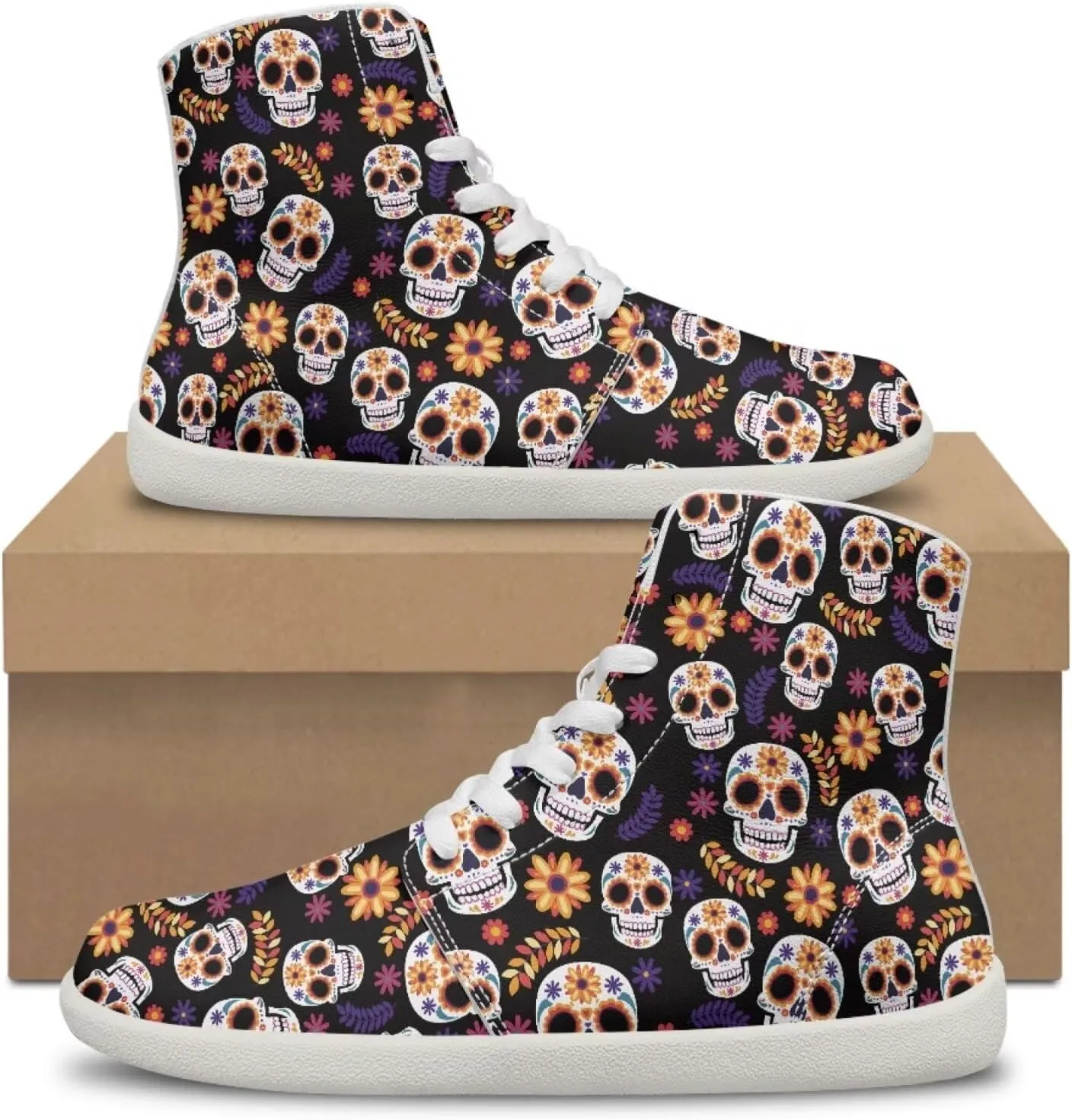 Mens Sugar Skull High Top Shoes for Women Mid Calf Lace Up Outdoor Fitness Walking Platform Sneakers
