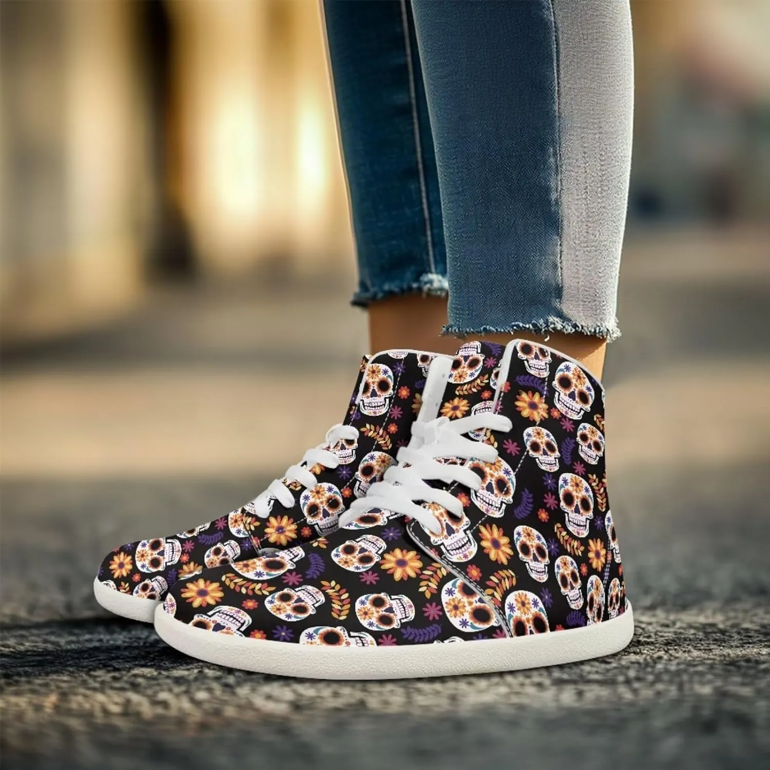 Mens Sugar Skull High Top Shoes for Women Mid Calf Lace Up Outdoor Fitness Walking Platform Sneakers