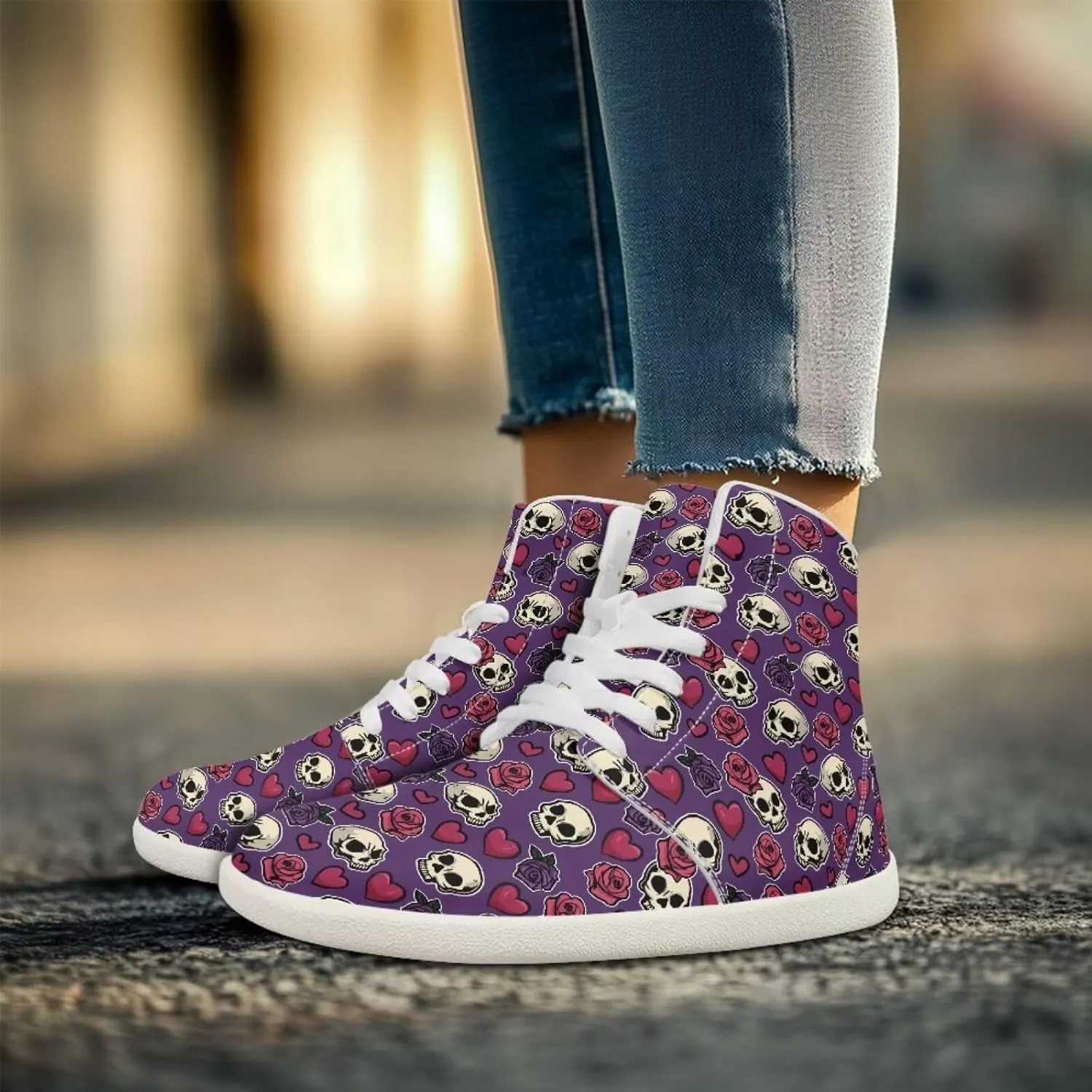 Mens Sugar Skull High Top Shoes for Women Mid Calf Lace Up Outdoor Fitness Walking Platform Sneakers