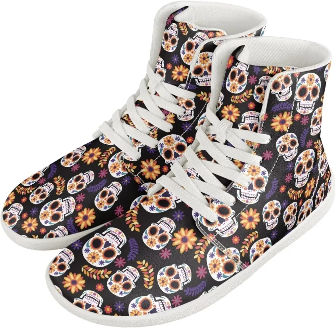 Mens Sugar Skull High Top Shoes for Women Mid Calf Lace Up Outdoor Fitness Walking Platform Sneakers