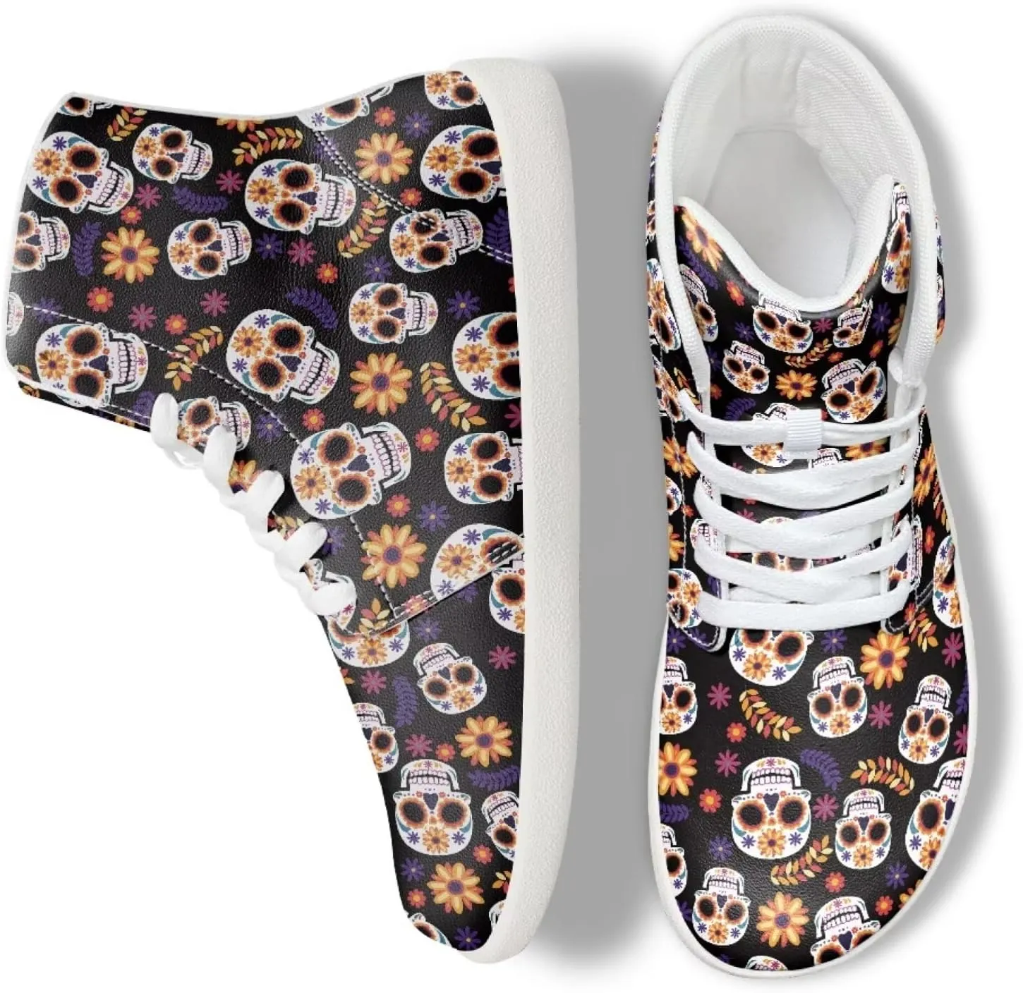 Mens Sugar Skull High Top Shoes for Women Mid Calf Lace Up Outdoor Fitness Walking Platform Sneakers