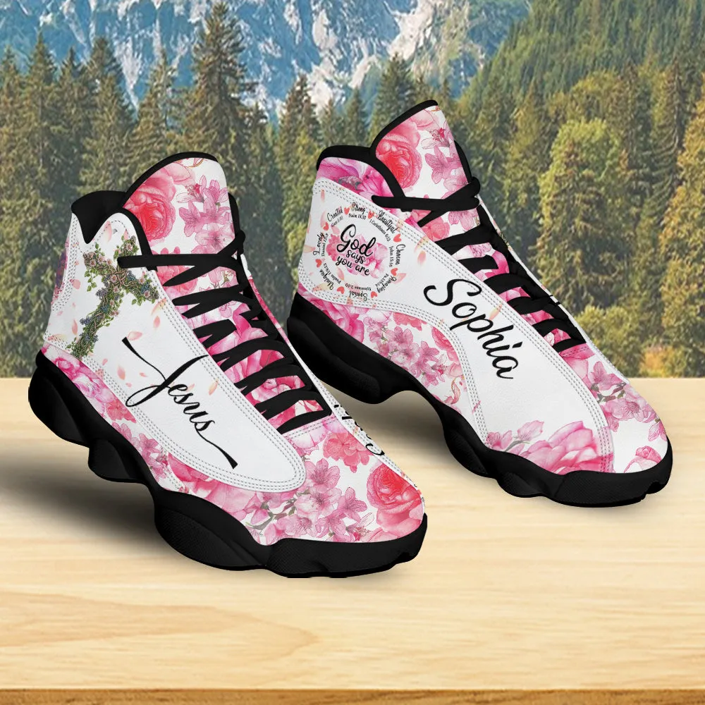 Teesdily | Customized God Says You Are Basketball Shoes, Jesus Cross Rose Running Shoes, Christ Flowers Sports Shoes For Women