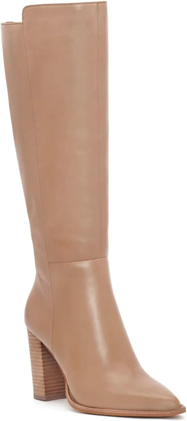 Women Retro Leather Knee High Chunky Heel Boots, Sexy Trendy Pointed Toe High Heel Knee Booties, Mixed-colors Inside Zipper Square Heel Dress Shoes for Ladies, Full Size 4-16 M US