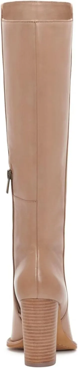 Women Retro Leather Knee High Chunky Heel Boots, Sexy Trendy Pointed Toe High Heel Knee Booties, Mixed-colors Inside Zipper Square Heel Dress Shoes for Ladies, Full Size 4-16 M US