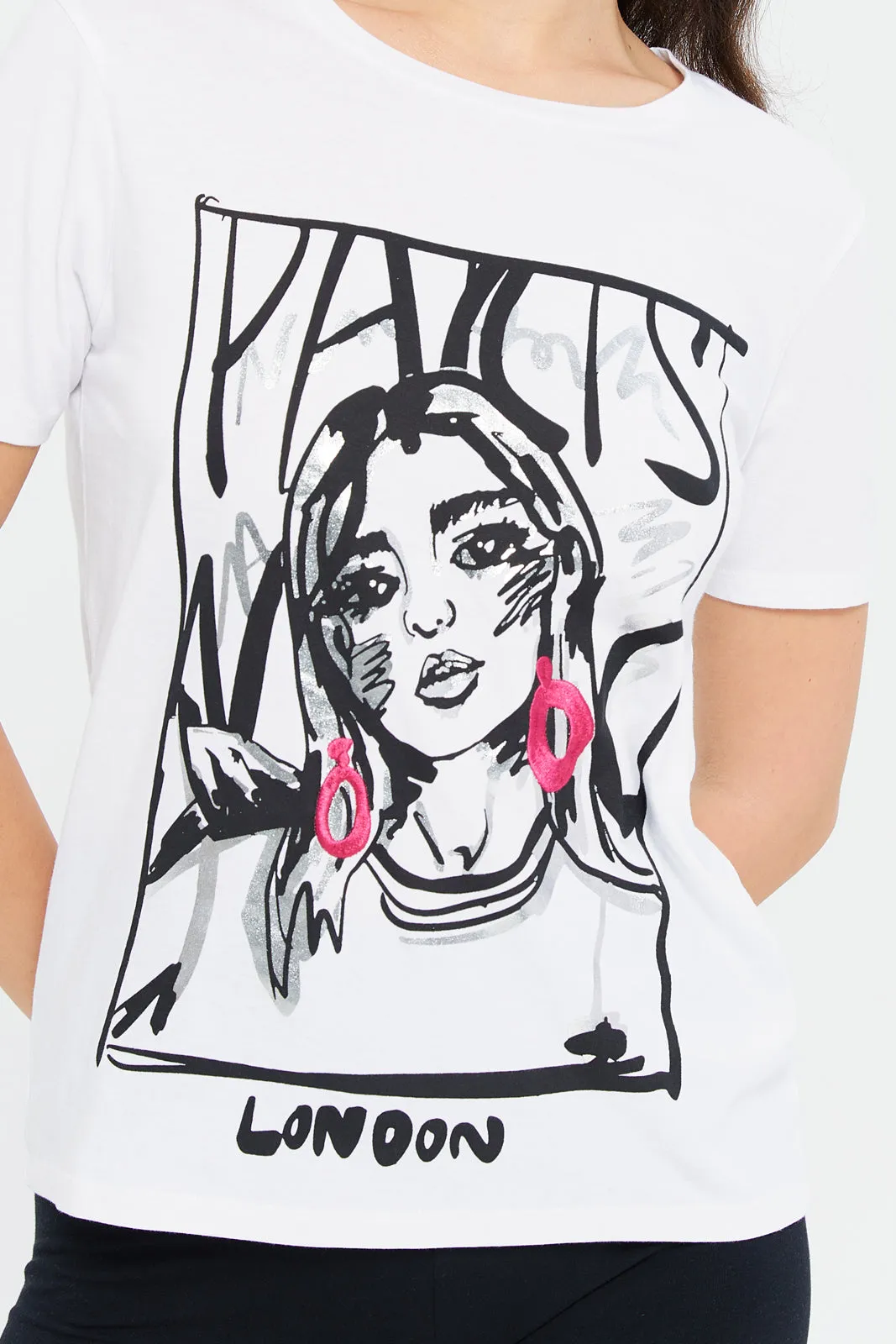 Women White Printed Embellished T-Shirt