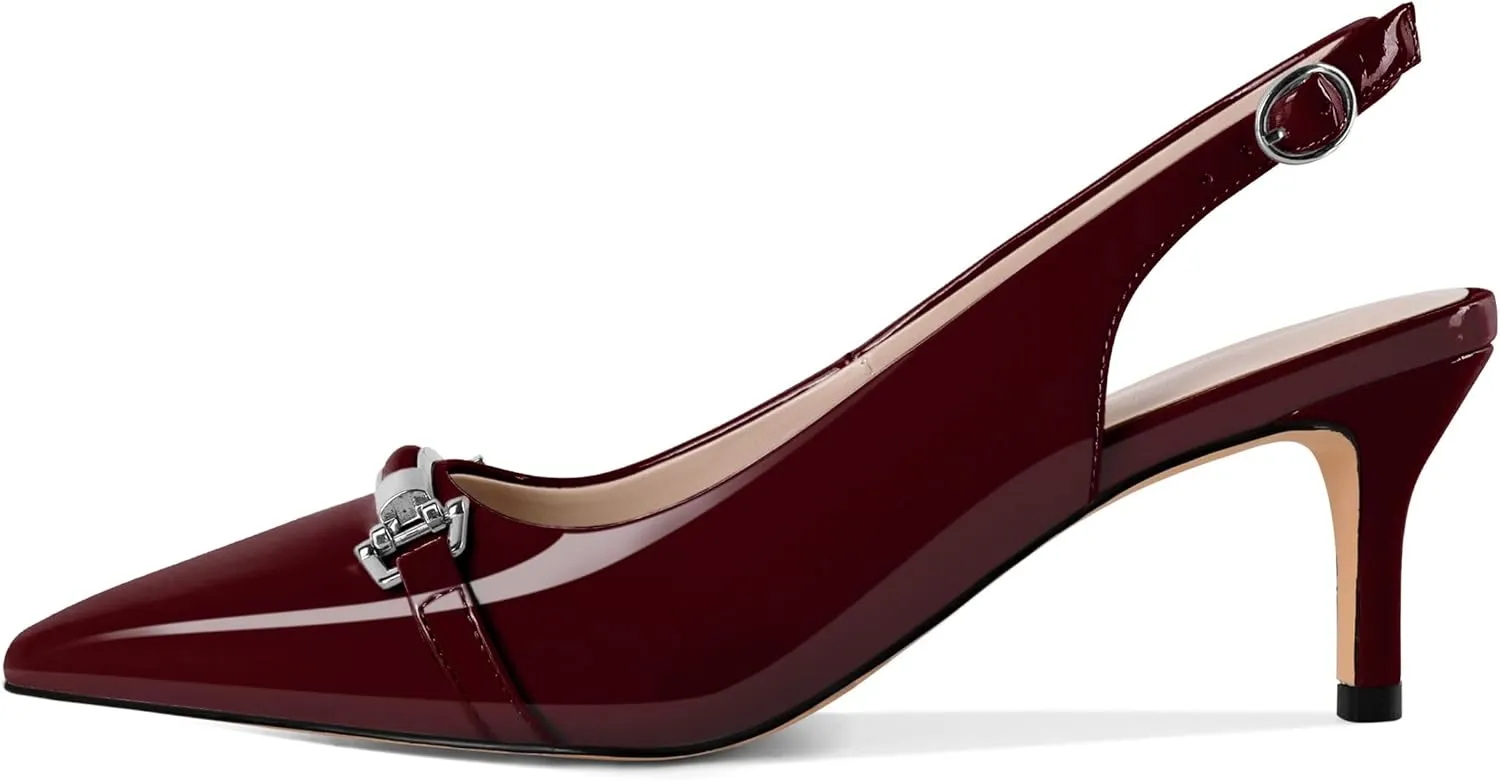 YODEKS Women's Slingback Heels Pointed Toe Low Heel Pumps Silver Buckle 2.5 Inch Shoes Patent Size 5-13